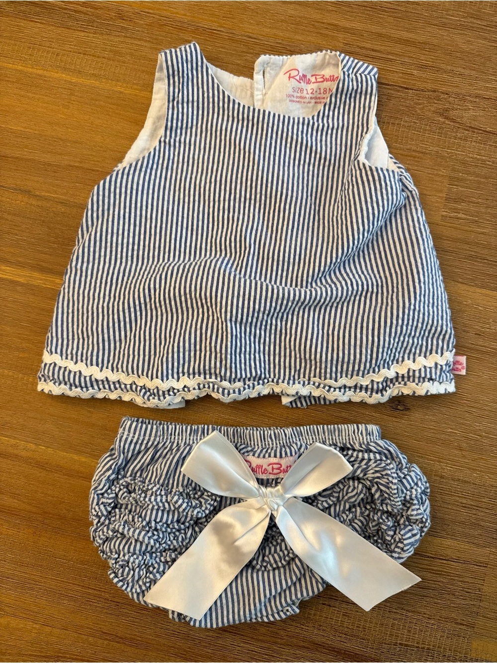 Ruffle Butts Blue and White Striped Dress with Matching Bow Bloomers 2T